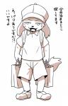 anthro baseball_cap bodily_fluids clothing cute_fangs fangs front_view hat headgear headwear looking_at_viewer male naughty_face open_mouth shirt simple_background solo standing sweat t-shirt teeth text topwear white_background young young_anthro manmosu_marimo convention_pup canid canine canis domestic_dog mammal 2016 digital_drawing_(artwork) digital_media_(artwork) japanese_text monochrome