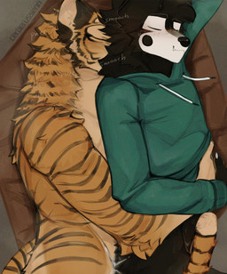 after_sex afterglow anthro athletic bedding black_body black_fur blush bodily_fluids bottomless butt claws clothed clothing cum cum_in_ass cum_inside cum_on_butt cute_fangs duo fangs freckles fur genital_fluids hand_holding holding_partner hoodie hoodie_only kissing_neck male male/male markings mole_(marking) nude_male orange_body orange_fur purring romantic romantic_couple romantic_sex smile striped_markings striped_tail stripes sweat tail tail_markings teeth topwear topwear_only white_body white_fur cerberussenn lee_sweeto_(cerberussenn) yeon_soho_(cerberussenn) canid canine canis felid mammal pantherine tiger wolf absurd_res hi_res signature