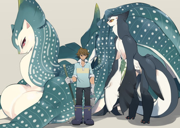 anthro big_breasts blush boots breasts brown_hair cleaning_tool clothed clothing female fin flippers footwear gloves group hair handwear huge_breasts long_tail male mop red_eyes shoes size_difference tail thick_tail matea aquatic fish human mammal