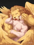 abs anthro big_dom_small_sub big_muscles big_pecs brown_mane convenient_censorship dominant dominant_anthro dominant_male duo fur holding_partner hug human_on_anthro interspecies larger_anthro larger_male licking male male/male male_on_anthro male_on_human mane muscular muscular_anthro muscular_human muscular_male nipples nude pecs shoulder_lick size_difference smaller_human smaller_male submissive submissive_human submissive_male tongue wings yellow_body yellow_fur kawaakumma delicious_in_dungeon laios_touden winged_lion_(delicious_in_dungeon) felid human lion mammal pantherine absurd_res hi_res signature