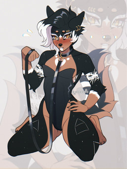 5_fingers anthro black_body black_claws black_clothing black_collar black_fur black_hair black_leash black_leotard black_nose blush brown_body brown_fur butt butt_from_the_front claws clothing collar collarbone ear_piercing embarrassed eyelashes facial_piercing femboy fingers fur hair hand_on_hip heart_(marking) holding_leash holding_object kneeling leash leashed_collar leotard looking_away male markings medium_hair multicolored_body multicolored_fur multicolored_hair nose_piercing piercing simple_background small_waist solo star_(marking) tail two_tone_hair white_hair white_markings yellow_eyes cepto_(artist) canid canine canis domestic_dog mammal colored digital_drawing_(artwork) digital_media_(artwork) hi_res shaded