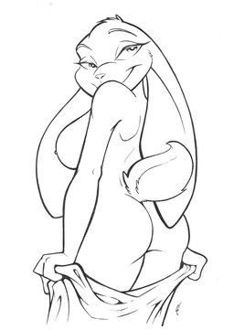 alternate_breast_size alternate_form anthro anthrofied bedroom_eyes big_breasts biped breasts butt closed_smile eyebrows eyelashes female fingers inked long_ears looking_at_viewer looking_back looking_back_at_viewer mouth_closed narrowed_eyes nipples nude rear_view redesign scut_tail seductive short_tail smile solo tail towel alex_spastic disney zootopia judy_hopps lagomorph leporid mammal rabbit 2017 monochrome traditional_media_(artwork)