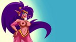 16:9 2015 5_fingers accessory bare_shoulders blue_eyes breasts choker clothed clothing ear_piercing eyebrows eyelashes female fingers genie genitals hair hand_on_hip headband hi_res humanoid humanoid_pointy_ears jewelry long_hair looking_at_viewer midriff navel necklace nipple_outline nipples not_furry nude_edit open_mouth piercing plagueofgripes ponytail purple_hair pussy shantae shantae_(series) simple_background smile solo third-party_edit topless wayforward widescreen