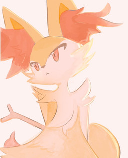 ambiguous_gender anthro fur hands_behind_back inner_ear_fluff orange_body orange_eyes orange_fur simple_background solo stick tail tuft white_body white_fur yellow_body yellow_fur mayoko_3 nintendo pokemon braixen canid canine generation_6_pokemon mammal pokemon_(species) 2026