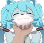 alternate_species blue_body blue_eyes blue_fur blush breasts cleavage clothed clothing disembodied_hand eyes_closed female fur furrification hair heart_symbol long_hair scritches simple_background smile solo twintails_(hairstyle) white_body white_fur abmayo vocaloid hatsune_miku felid feline felis mammal hi_res