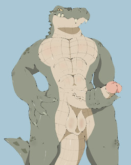 abs anthro balls big_penis blue_background erection fangs genitals glans green_body humanoid_genitalia humanoid_penis male markings nails nude penis saggy_balls simple_background solo spots spotted_markings tan_body teeth vein veiny_penis yellow_body guitarzard crocodile crocodilian reptile scalie hi_res