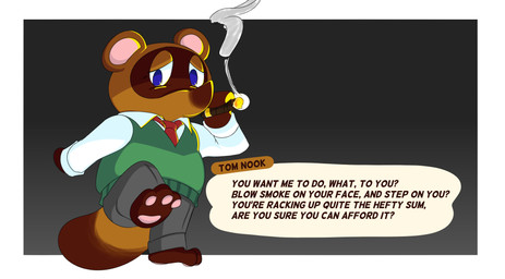 anthro blue_eyes bottomwear brown_body brown_fur chibi cigar clothing feet fur male necktie pants shirt slightly_chubby smoking solo sweater sweater_vest text tobacco topwear vest tito_curmudgeon animal_crossing nintendo tom_nook_(animal_crossing) canid canine mammal raccoon_dog tanuki 2020 absurd_res english_text hi_res