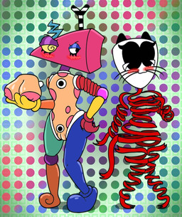 annoyed anthro big_shoes blush body_pattern breasts clothing duo embarrassed female female/female genitals gloves handwear mask pie_cut_eyes removable_genitalia ribbons thick_thighs toy vulva whiskers wide_hips crazy_8_animations glitch_productions the_amazing_digital_circus gangle_(tadc) zooble_(tadc) animate_inanimate domestic_cat felid feline felis humanoid living_mask living_toy mammal nonbinary_(lore)