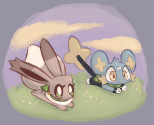 chibi detailed_background duo female feral grass male plant running sky clockstops3am conditional_dnp nintendo pokemon pokemon_mystery_dungeon spike_chunsoft pudi_(labbit) eevee generation_1_pokemon generation_4_pokemon hybrid pikachu pokemon_(species) shinx hi_res