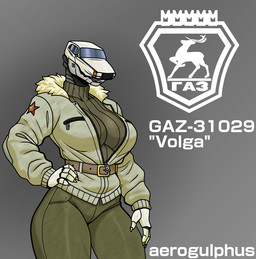 anthro anthrofied belt bottomwear car clothing communism emblem female fur_collar green_bottomwear green_clothing green_pants hammer_and_sickle hand_on_hip leather leather_clothing leather_topwear machine pants patch_(fabric) politics russian smile smirk solo soviet_union standing sweater topwear unzipped vehicle zipper aerogulphus gaz_volga living_car living_machine living_vehicle