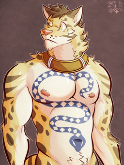anthro arm_tuft body_hair brown_body brown_collar brown_fur brown_hair brown_spots brown_stripes cheek_tuft chest_tuft collar collar_only deltoids facial_tuft fur hair happy_trail inner_ear_fluff looking_aside male male_anthro mostly_nude_male muscular muscular_male navel neck_tuft neutral_expression nipples nude pecs pink_nipples pink_nose short_hair shoulder_tuft simple_background snaggle_tooth snake_tattoo solo spots stripes tan_body tan_fur triceps tuft whisker_spots white_body white_fur white_inner_ear_fluff yellow_body yellow_eyes yellow_fur ventkazemaru nekojishi studio_klondike likulau clouded_leopard felid mammal pantherine 2025 dated half-length_portrait hi_res portrait signature watermark