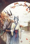 anthro clothing duo male tail smallyu mythology canid canine canis dragon mammal mythological_creature mythological_scalie scalie wolf hi_res