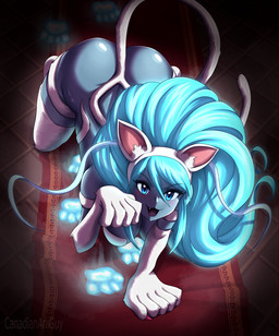big_breasts blue_body blue_eyes blue_hair blush breasts butt claws cosplay crossover_cosplay eyelashes fangs female footprint fur hair holidays long_hair looking_at_viewer open_mouth open_smile pawprint paws smile smiling_at_viewer solo tail teeth white_body white_fur canadiananiguy capcom darkstalkers halloween dark_samus felicia_(darkstalkers) animal_humanoid cat_humanoid domestic_cat felid felid_humanoid feline feline_humanoid felis humanoid mammal mammal_humanoid 2023 crossover digital_media_(artwork)