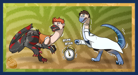 alarm_clock black_body black_scales blue_body blue_eyes blue_scales border bottomwear brown_hair clock clothing coat eye_scar facial_hair facial_scar feathers feral goatee hair hoodie human_to_feral lab_coat long_neck male mid_transformation neck_expansion orange_eyes red_body red_hair red_scales scales scar sharp_teeth shorts snout species_transformation tail teeth text time_travel time_traveler topwear torn_clothing transformation transparent_border white_body white_skin hydez ra'zim seda dinosaur dromaeosaurid feathered_dinosaur feathered_scalie human mammal prehistoric_species reptile saurischian scalie theropod 2025 alpha_channel hi_res