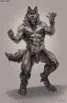 abs anthro balls biped canid canine canis digital_drawing_(artwork) digital_media_(artwork) digitigrade draegoezz flaccid genitals hi_res male mammal monochrome muscular muscular_anthro muscular_male navel nipples penis simple_background tail wolf