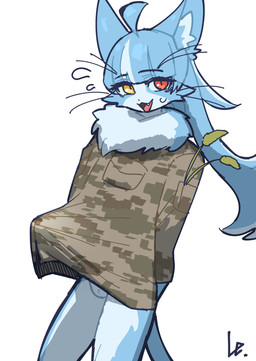 anthro balls blue_body blue_ears blue_fur blue_hair blue_inner_ear blue_tail bottomless bulge camo camo_clothing camo_print camo_topwear clothed clothing erection erection_under_clothing eyebrow_through_hair eyebrows fur genitals hair head_tuft heterochromia jacket long_hair looking_at_viewer male multicolored_body multicolored_fur neck_tuft panties pattern_clothing pattern_topwear red_eyes simple_background smile solo tail tenting topwear topwear_only translucent translucent_hair tuft two_tone_body two_tone_fur underwear whiskers white_background white_balls white_body white_fur yellow_eyes el-k japan_air_self-defense_force omaneko_(jasdf) domestic_cat felid feline felis mammal 2025 absurd_res digital_media_(artwork) hi_res portrait signature three-quarter_portrait
