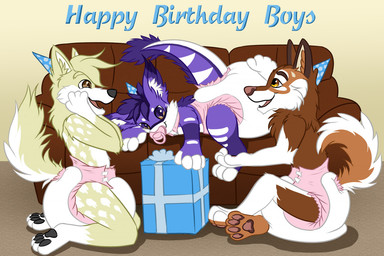 anthro biped clean_diaper clothed clothing detailed_background diaper fur furniture gift group hair hat headgear headwear lying male object_in_mouth open_mouth pacifier pacifier_in_mouth party_hat pawpads paws sitting smile sofa tail trio wearing_diaper tysuga mythology tysuga_(character) canid canine canis domestic_dog dragon furred_dragon furred_scalie husky mammal mythological_creature mythological_scalie nordic_sled_dog scalie spitz wolf 2020