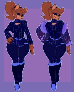 anthro belt big_breasts black_boots black_bottomwear black_clothing black_eyeshadow black_footwear black_nails black_pants black_sweater black_topwear blue_eyes boots bottomwear breasts brown_hair cleavage_cutout clothed clothing colored_nails crossgender cutout duo eyeshadow female footwear fur_trim_(clothing) grin grinning_at_viewer hair hand_in_pocket hand_on_hip heart_cutout jacket knee_boots knee_highs legwear long_hair long_sleeves looking_at_viewer makeup mtf_crossgender nails off_shoulder open_clothing open_jacket open_topwear outline pants pockets ponytail purple_background ribbed_clothing ribbed_sweater shoes simple_background smile smiling_at_viewer sweater thick_thighs tied_hair topwear turtleneck white_outline wide_hipped_anthro wide_hipped_female wide_hips cryptiacurves cryptiacurves_(modeler) fazclaire's_nightclub five_nights_at_freddy's scottgames freddy_(fnaf) frenni_(cryptiacurves) bear mammal 2024 3d_(artwork) digital_media_(artwork) full-length_portrait portrait