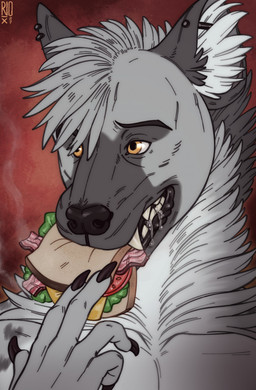 anthro bacon black_claws black_nose bodily_fluids bread cheese claws dairy_products drooling ear_piercing ear_ring eating fangs finger_claws food front_view fruit fur glistening glistening_eyes grey_body grey_fur grey_hair hair industrial_piercing logo looking_aside male meat neck_tuft orange_eyes piercing plant ring_piercing salad saliva sandwich_(food) simple_background solo steam teeth tomato tuft riorix hyena mammal 2021 artist_logo bust_portrait dated hi_res portrait