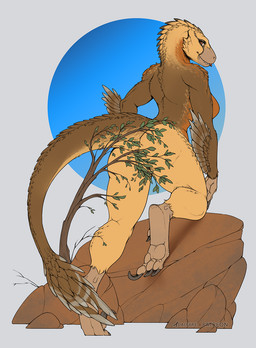 anthro black_claws blep boulder breasts brown_body butt claws closed_smile convenient_censorship eyelashes feathers female female_anthro looking_at_viewer looking_back looking_back_at_viewer mouth_closed non-mammal_breasts nude nude_female orange_eyes pink_tongue plant rear_view rock sharp_teeth sickle_claw simple_background smile solo tail tan_body teeth text toe_claws tongue tongue_out adalfyre dinosaur dromaeosaurid feathered_dinosaur feathered_scalie prehistoric_species reptile saurischian scalie theropod velociraptor artist_name hi_res