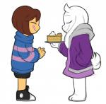 alternate_universe ambiguous_gender anthro clothing dessert duo female food fur hair horn jacket pastry pie simple_background smile topwear white_background white_body white_fur friisans altertale undertale undertale_(series) frisk_(undertale) toriel toriel_(altertale) boss_monster_(undertale) bovid caprine human mammal hi_res