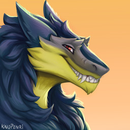 anthro fluffy fur green_body green_fur grey_body grey_fur looking_at_viewer male red_eyes simple_background smile smiling_at_viewer smirk smirking_at_viewer solo yellow_body yellow_fur knopenri brom_(sahurus) sergal 1:1 detailed headshot_portrait hi_res icon portrait
