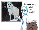 anthro awoo black_body black_claws black_fur black_nose blue_body blue_eyes blue_fur bodily_fluids brown_body brown_fur claws dialogue duo featureless_chest featureless_crotch feral fur gesture green_body green_eyes green_fur green_pawpads hair hand_gesture heterochromia looking_at_another male markings multicolored_body multicolored_fur nude open_mouth outside pawpads plant pointing real short_hair simple_background snow standing sweat sweatdrop teeth text tree white_background white_body white_fur white_hair closetcanibal ty_(tyminster5) whatebber_(character) bear canid canine canis mammal wolf english_text