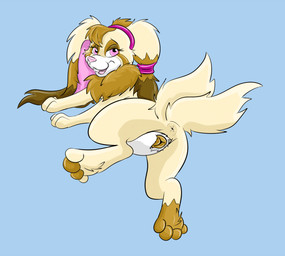 2_tails accessory animal_genitalia animal_vulva anus buckteeth butt canine_genitalia canine_vulva digitigrade dipstick_ears ear_markings eyebrows facial_markings female feral floppy_ears genitals green_hair hair head_markings headband long_ears looking_at_viewer looking_back looking_back_at_viewer markings multi_tail multicolored_ears neck_tuft open_mouth presenting presenting_hindquarters raised_leg simple_background smile solo tail tail_anus tan_nose teeth tongue tuft vulva white_body conditional_dnp psy101 bree_(timmysaluki) canid canine canis domestic_dog hybrid lagomorph leporid mammal rabbit 2015