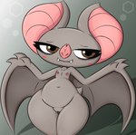 anthro areola biped blush brown_body brown_eyes closed_smile eyebrows eyelashes female flat_chested genitals mouth_closed nipples nude pupils pussy shadow sharp_teeth slightly_chubby slightly_chubby_anthro slightly_chubby_female smile solo standing tail teeth thick_thighs tired_eyes white_sclera wide_hips wings zinzoa bat mammal 2024 absurd_res hi_res