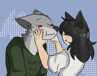 5_fingers :3 animal_ears anthro biped black_ears black_hair black_nose blue_background blush blush_lines cheek_pinch cheek_tuft clothing duo eyes_closed face_squish face_touch facial_scar facial_tuft female fingers fur green_clothing green_shirt green_topwear grey_body grey_fur hair happy long_hair male male/female pattern_background scar shirt simple_background smile squish t-shirt text text_on_clothing topwear tuft white_body white_clothing white_fur white_shirt white_topwear kangwolf tony_(kangwolf) animal_humanoid canid canine canis humanoid mammal wolf 2019 bust_portrait colored digital_drawing_(artwork) digital_media_(artwork) english_text hi_res portrait screentone