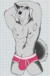 abs anthro armpit_hair bedroom_eyes biped black_body black_fur black_nipples black_nose blue_eyes body_hair briefs briefs_only bulge checkered checkered_background chest_markings clothed clothing fluffy fluffy_tail fur hand_on_head happy_trail inner_ear_fluff looking_at_viewer male male_anthro markings multicolored_body muscular muscular_anthro muscular_male narrowed_eyes navel nipples partially_clothed partially_clothed_male pattern_background pecs pink_briefs pink_clothing pink_underwear raised_arms seductive simple_background solo standing tail teeth toothy_grin topless tuft underwear underwear_only whiskers white_background white_body white_fur white_inner_ear_fluff white_sclera unsafescapewolf extracurricular_activities spencer_(extracurricular_activities) canid canine canis domestic_dog husky mammal nordic_sled_dog spitz 2024 digital_drawing_(artwork) digital_media_(artwork) hi_res portrait three-quarter_portrait