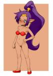 2018 blue_eyes blush bottomless censor_bar censored clothed clothing ear_piercing embarrassed female footwear genie genitals hair hand_on_hip humanoid humanoid_pointy_ears ineffective_censorship j7w navel not_furry piercing ponytail purple_hair pussy shantae shantae_(series) shoes solo wayforward