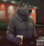 alcohol anthro bar beer beverage black_body black_fur black_nose blurred_background clothed clothing ear_piercing eyebrow_piercing eyebrows facial_piercing fur glass holding_glass holding_object inner_ear_fluff inside looking_at_viewer male piercing raised_eyebrow shirt smile solo topwear tuft skaifox canid canine canis domestic_dog mammal 2016 digital_media_(artwork) watermark