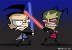 black_clothing black_hair black_jacket black_topwear blue_lightsaber clothing duo eyewear fight glasses hair jacket lightsaber male melee_weapon not_furry red_lightsaber topwear weapon spectra22 invader_zim nickelodeon star_wars dib_membrane zim_(invader_zim) alien human irken mammal