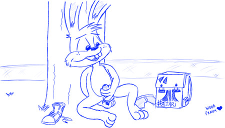 anthro backpack balls big_eyes big_head briefs clothing discarded_clothing erection genitals male masturbation nude open_mouth outside penile penile_masturbation penis sex_toy solo toony underwear vibrator young young_anthro woobpanda tiny_toon_adventures warner_brothers buster_bunny lagomorph leporid mammal rabbit blue_and_white monochrome signature sketch