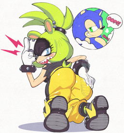 angry anthro black_clothing black_shirt black_topwear blue_eyes blush bodily_fluids butt clothing dialogue duo ear_piercing female footprint footwear gesture green_eyes hair hand_gesture kneeling male male/female middle_finger one_eye_closed onomatopoeia piercing ponytail rubbing_butt sharp_teeth shirt shoes shrug simple_background smug sound_effects speech_bubble studded_hair_tie sweat tail teeth text topwear white_background wink yellow_clothing inkerton-kun idw_publishing sega sonic_the_hedgehog_(comics) sonic_the_hedgehog_(idw) sonic_the_hedgehog_(series) sonic_the_hedgehog surge_the_tenrec afrosoricid eulipotyphlan hedgehog mammal tenrec english_text hi_res