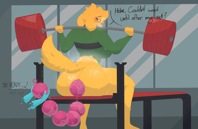 anal anal_beads anal_beads_in_ass anal_penetration anthro bench_press bodily_fluids breasts disembodied_hand exercise featureless_crotch female fur gym half_naked looking_back object_in_ass penetration sex_toy sex_toy_in_ass sex_toy_insertion simple_background solo_focus speech_bubble sweat weightlifting wet workout yellow_body yellow_fur yellowhighlite whiskey_(yellowhighlite) canid canine canis domestic_dog mammal absurd_res hi_res