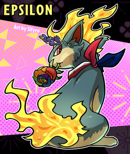 blue_bonnet fire flower fur green_body green_fur kerchief lgbt_pride looking_at_viewer looking_back nom pink_background plant pride_colors red_eyes scarf showing_back simple_background sitting yellow_body yellow_fur nintendo pokemon generation_2_pokemon mammal mustelid pokemon_(species) quilava rose_(disambiguation) absurd_res hi_res