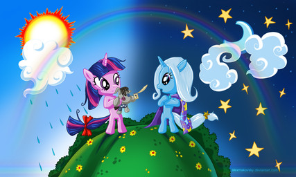 abstract_background accessory bottomwear bow_(feature) bow_accessory bow_ribbon cape clothing cloud crescent_moon doll duo feathers female flower fur furgonomics grass hair horn moon multicolored_hair open_mouth outside pants pink_hair planet plant purple_body purple_eyes purple_fur purple_hair question_mark rainbow rainbow_arch raining ribbons simple_background sky sun tail tail_accessory tail_bow tail_ribbon two_tone_hair white_hair alexmakovsky friendship_is_magic hasbro my_little_pony mythology smartypants_(mlp) trixie_(mlp) twilight_sparkle_(mlp) equid equine mammal mythological_creature mythological_equine unicorn 2012 5:3 hi_res