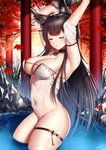 autumn bathing big_breasts black_hair breasts bucket choker container eyes_closed female hair jewelry leaf long_hair navel necklace outside plant solo torii tree water wsman azur_lane amagi_(azur_lane) animal_humanoid canid canid_humanoid humanoid mammal mammal_humanoid 2020 hi_res