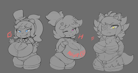 anthro belt big_breasts blue_eyes bottomwear breasts cleavage clothed clothing crossgender cup_size eye_patch eyewear female grey_background group hat headgear headwear huge_breasts looking_at_viewer mtf_crossgender navel one_eye_closed panties pink_eyes shirt shorts shortstack simple_background skindentation slightly_chubby slightly_chubby_female smile tail text text_on_clothing text_on_shirt text_on_topwear thick_thighs top_hat topwear torn_bottomwear torn_clothing torn_shorts trio underwear wink yellow_eyes shinolara five_nights_at_freddy's scottgames chica_(fnaf) chiku_(cryptiacurves) fexa_(cryptiacurves) foxy_(fnaf) freddy_(fnaf) frenni_(cryptiacurves) bear canid canine fox mammal hi_res