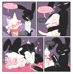4_panel_comic abdominal_bulge anthro areola aroused bed big_breasts big_penis biped black_body black_fur border bottomwear breasts broken_condom cervical_penetration clothed clothed_anthro clothed_female clothed_male clothing collared_shirt condom constricted_pupils covering covering_mouth covering_own_mouth covering_self deep_penetration dialogue digitigrade dress duo female female_on_bottom floppy_ears from_behind_position fully_clothed fully_clothed_anthro fully_clothed_female fully_clothed_male fur furniture genitals glans grimace high-angle_view hug hugging_object hugging_pillow humanoid_genitalia humanoid_penis internal internal_vaginal interspecies legwear lidded_eyes light_blush looking_at_another looking_at_partner looking_up_at_another lying lying_on_bed male male/female male_on_top mating_grip moan mounting narrowed_eyes nipples nude nude_anthro nude_female nude_male on_bed on_bottom on_top pants penetration penis pillow pink_eyes pink_sclera plantigrade pupils rough_sex sex sexual_barrier_device shirt short_anthro short_female shortstack shortstack_anthro shortstack_female side_view slim slim_anthro slim_male slit_pupils small_pupils speech_bubble stockings text three-quarter_view topwear two_row_layout white_body white_border white_fur wide_eyed snazzle_snapp domestic_cat felid feline felis lagomorph leporid mammal rabbit 2026 comic digital_drawing_(artwork) digital_media_(artwork) english_text