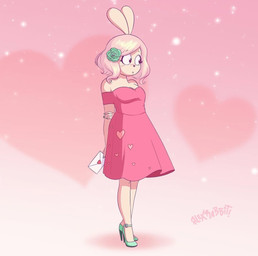 accessory anthro clothing dress envelope fancy_clothing female flower flower_in_hair footwear formal_wear hair hair_accessory heart_symbol high_heels nervous pink_background plant shoes short_hair simple_background solo sparkling_background strapless_clothing strapless_dress alexander_slater minty_rabbit lagomorph leporid mammal rabbit