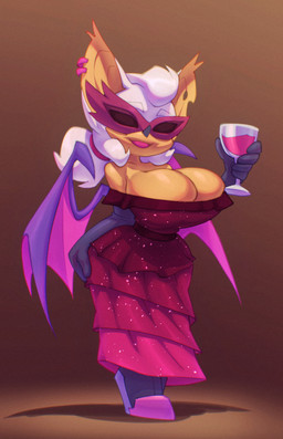 anthro armwear back_wings beverage big_breasts black_armwear black_clothing black_elbow_gloves black_gloves black_handwear breasts brown_background cleavage cleavage_overflow clothed clothing container cup curvy_figure dress drinking_glass ear_piercing ear_ring elbow_gloves eyebrows female glass glass_container glass_cup gloves hair handwear holding_beverage holding_container holding_cup holding_drinking_glass holding_object holding_wine_glass hourglass_figure lips mask masquerade_mask membrane_(anatomy) membranous_wings notched_ear piercing ponytail ring_piercing simple_background smile solo standing thick_bottom_lip wine_glass wings bigdad sega sonic_the_hedgehog_(series) mormoopia_rouge_(bigdad) rouge_the_bat bat mammal 2026