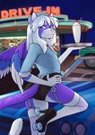 5_fingers anthro blue_eyes clothing detailed_background fingers footwear hair high_heels male night outside shoes smile solo white_hair zyira nicoya domestic_cat felid feline felis hybrid mammal 2020 digital_media_(artwork) hi_res