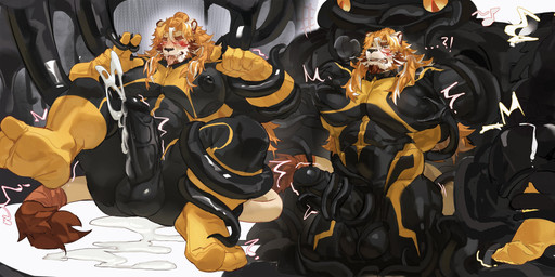 big_muscles big_nipples big_pecs bodily_fluids bulge clothing cum cum_on_ground detailed_bulge ejaculation erection erection_under_clothing facial_hair genital_fluids genital_outline genitals goo_encasement goo_tentacles hero humanoid_genitalia humanoid_penis interrobang male muscular nipple_outline nipples pecs penis penis_outline restrained restrained_by_tentacles skinsuit solo tail tail_tuft tentacle_handjob tentacles tight_clothing tuft kitai_su canid canine canis mammal wolf absurd_res hi_res