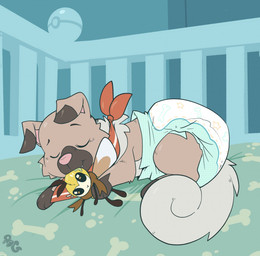 ambiguous_gender big_diaper bodily_fluids brown_body brown_fur clean_diaper clothed clothing crib curled_tail detailed_background diaper drooling eyes_closed feral floppy_ears fur kerchief logo neckerchief neckwear object_in_mouth pink_inner_ear pink_nose plushie red_kerchief red_neckerchief saliva side_view sleeping snaggle_tooth solo tail tan_body tan_fur tan_tail wearing_diaper bubblepuppers nintendo pokemon rocky_the_rockruff generation_7_pokemon pokemon_(species) ribombee rockruff artist_logo full-length_portrait hi_res portrait