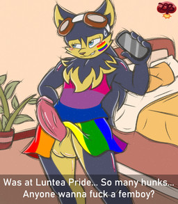 anthro balls bed bedroom_eyes bisexual_pride_clothing bisexual_pride_colors black_body black_fur blush bodypaint bottomwear cellphone clothed clothing dialogue electronics erection eyewear eyewear_on_head face_paint femboy fur furniture genitals goggles goggles_on_head holding_cellphone holding_object holding_phone holding_smartphone humanoid_genitalia humanoid_penis lgbt_pride male multicolored_clothing narrowed_eyes penis phone pillow pink_penis pride_color_clothing pride_colors profanity rainbow_pride_bottomwear rainbow_pride_clothing rainbow_pride_colors raised_bottomwear raised_clothing raised_skirt seductive shirt six-stripe_rainbow_pride_colors skirt smartphone smile solo speech_bubble standing tank_top text topwear yellow_body yellow_fur ladycherrybomba lgbt_pride_month snapchat canid canine canis mammal wolf digital_media_(artwork) english_text hi_res