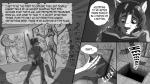 16:9 anthro canid canine comic dialogue digital_media_(artwork) english_text fur greyscale hair male mammal monochrome pusspuss solo text