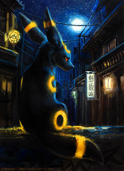 ambiguous_gender city dark detailed_background feral glowing looking_at_viewer moon night outside sky solo star starry_sky super_secret_meowth kenket nintendo pokemon eeveelution generation_2_pokemon pokemon_(species) umbreon traditional_media_(artwork)